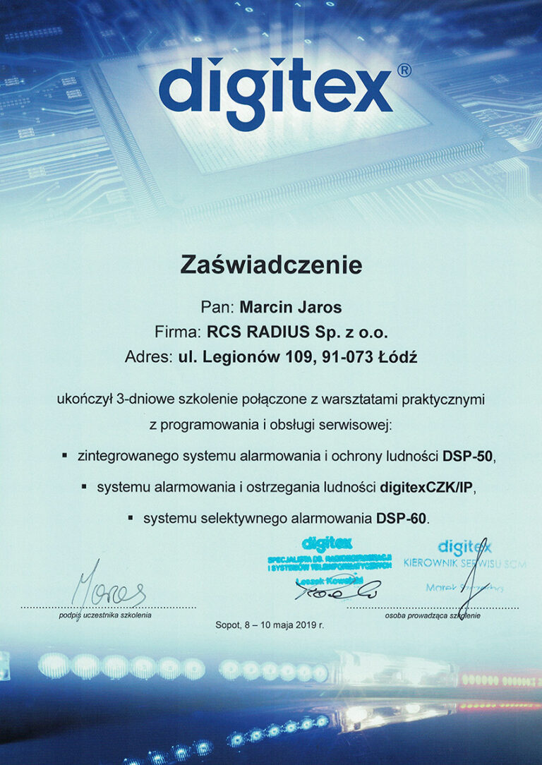 Certyfikat ukończenia szkolenia z systemów Digitex DSP, DWA, DZS, DTS, DTI, DSE